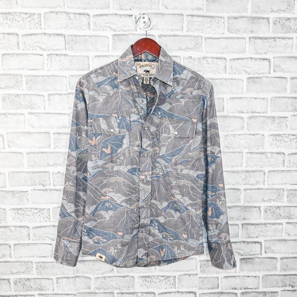 Western Aloha Men's Cowboy Snap button shirt Grey Print XS